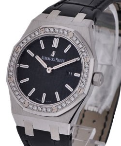 Royal Oak Ladys 33mm Stainless Steel with Diamond Bezel on Black Leather Strap with Black Dial