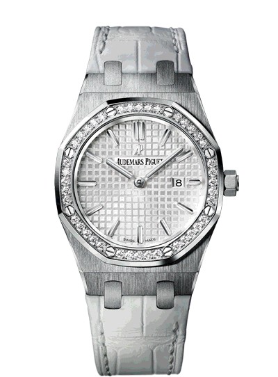 Royal Oak Ladys Quartz Quartz - White Gold - Diamonds Steel on White Leather Strap with Silver Dial
