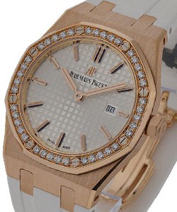 Royal Oak 33mm Lady's Quartz in Rose Gold with Diamond Bezel On White Rubber Strap with Silver Dial