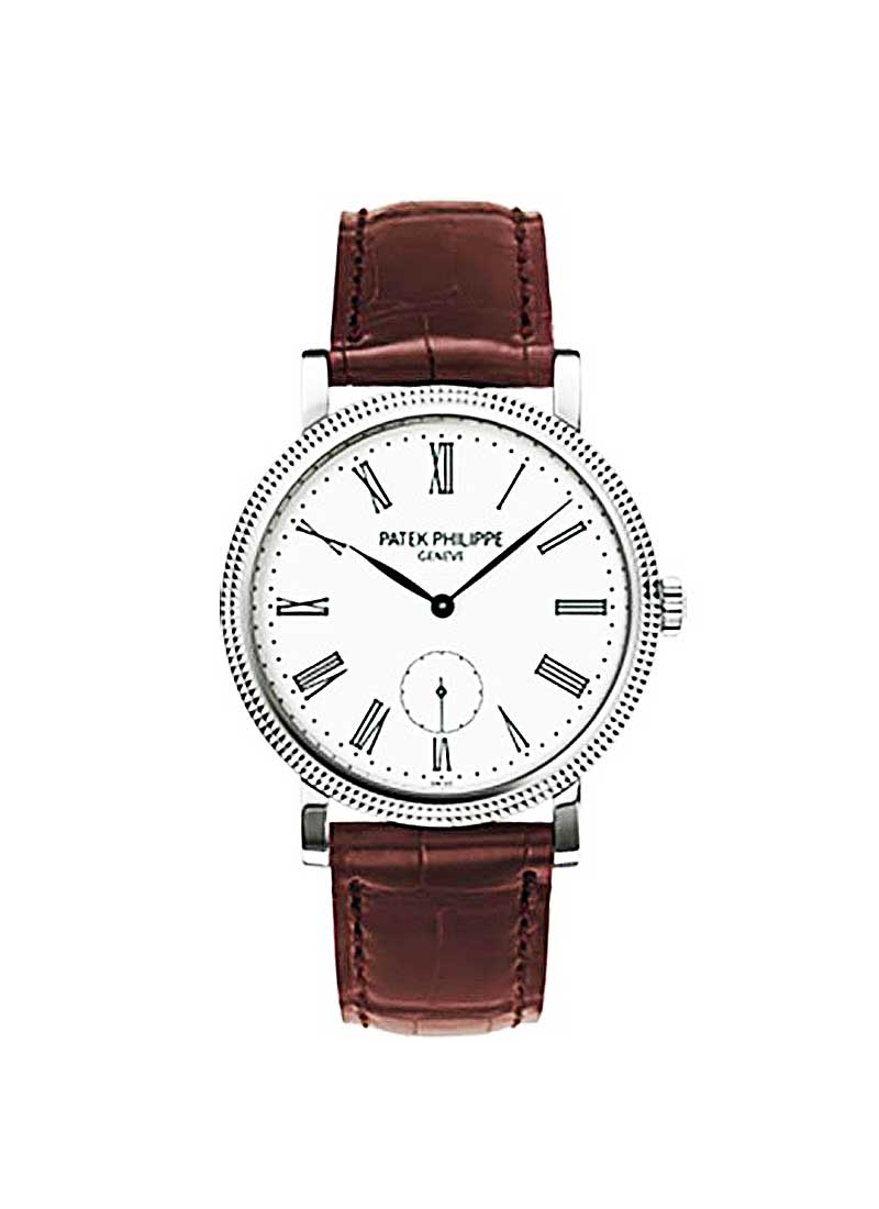 Calatrava Ref 7119G-012 in White Gold with Hobnail Bezel on Brown Leather Strap with White Dial
