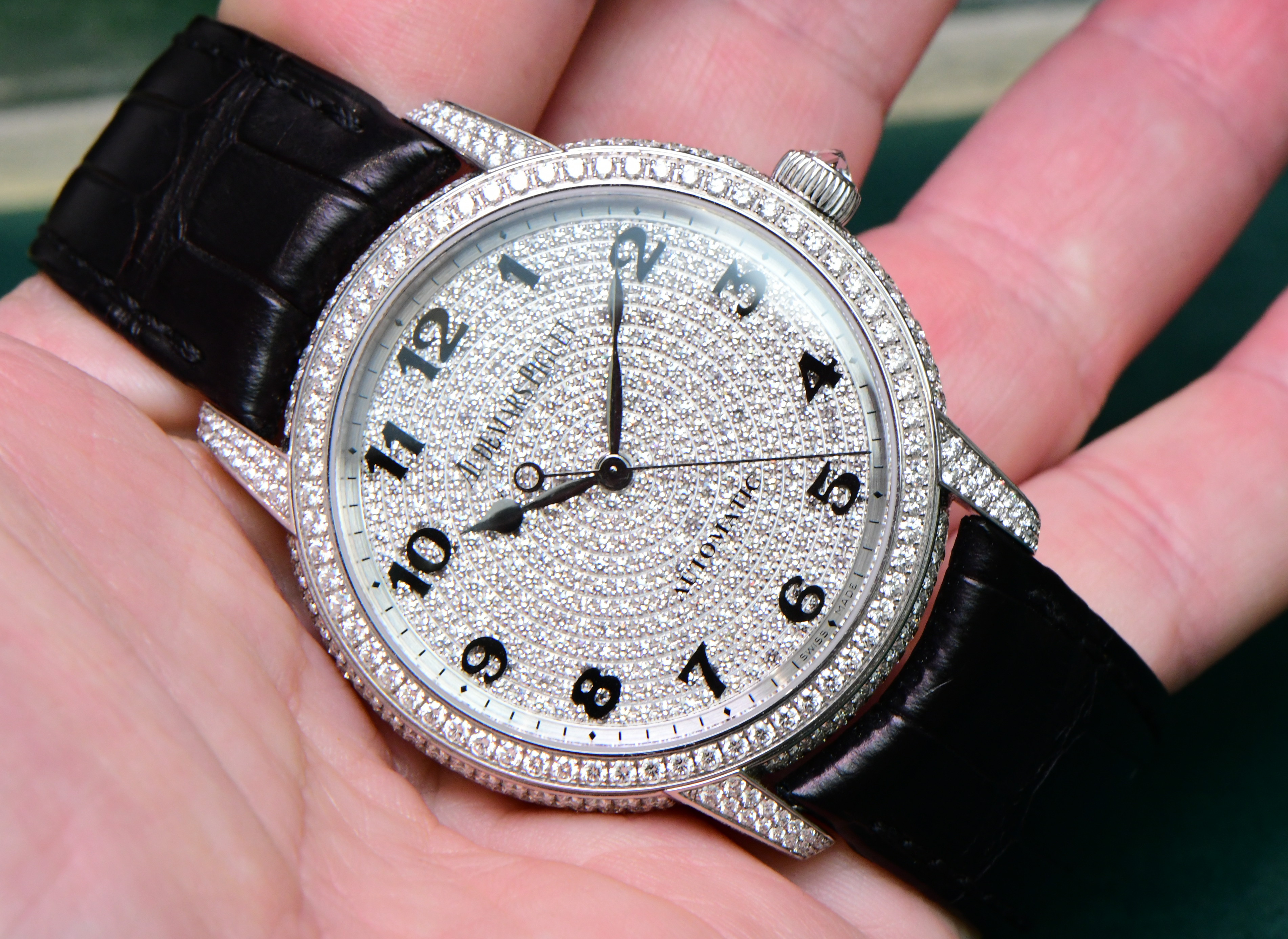 Audemars Piguet Jules Audemars in White Gold with Full Pave Diamond Case on Black Leather Strap with Diamond Dial
