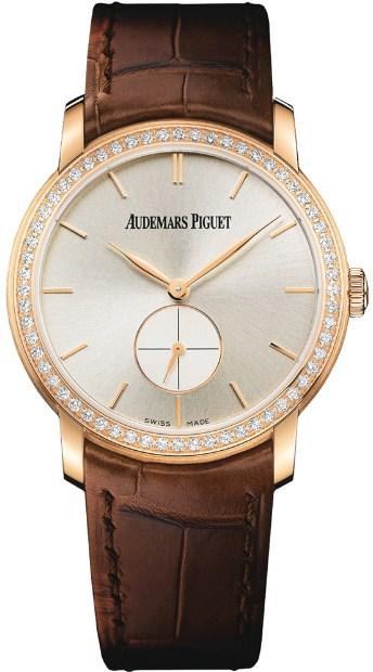 Jules Audemars Small Seconds in Rose Gold with Diamond Bezel on Brown Crocodile Leather Strap with Silver Dial