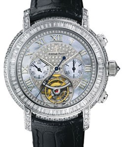 Jules Audemars Tourbillon Chronograph in White Gold with Diamond Bezel  on Black Leather Strap with White Mother of Pearl Diamond Dial