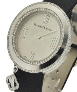 Charms Ladies 38mm in White Gold with Diamond Bezel Black Satin Strap with White Alhambra Guilloche Dial
