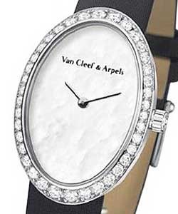 Timeless Watch Women''s Oval in White Gold - Diamonds on Black Satin Strap with White MOP Dial