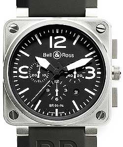 BR 01 94 Pilot Chronograph in Steel on Black Rubber Strap with Black Dial
