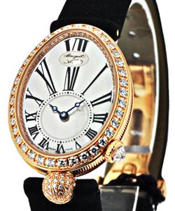 Reine de Naples in Rose Gold with Diamond Bezel on Black Satin Strap with Mother of Pearl Roman Dial