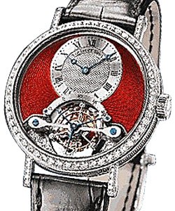 Classique Complications Tourbillon in White Gold with Diamonds Bezel on Black Leather Strap with Red Dial