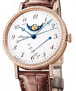 Classique Moonphase in Rose Gold with Diamond Bezel & Lugs on Brown Leather Strap with Grand Feu Enameling Dial