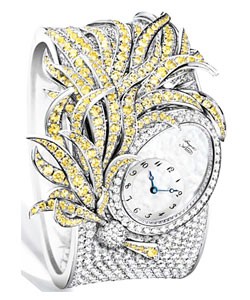 Reine de Naples - Plumes  White Gold - Yellow Diamonds on Bracelet with MOP Dial