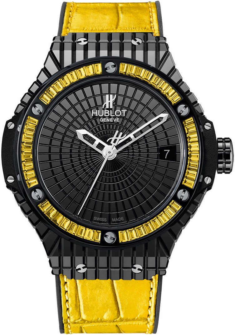 Big Bang Tutti Frutti Lemon Caviar in Black Ceramic with Yellow Baguette Diamond Bezel on Yellow Leather Strap with Black Dial