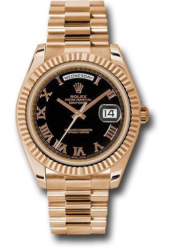 Day-Date II President in Rose Gold with Fluted Bezel on Rose Gold President Bracelet with Black Roman Dial