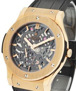 Extra-Thin Skeleton in Rose Gold on Black Rubberized Crocodile Leather Strap with Black Dial