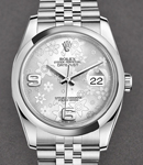 Datejust 36mm in Steel with Dome Bezel on Steel Jubilee Bracelet with Silver Floral Dial