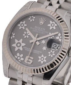 Datejust in Steel with Fluted Bezel on Steel Jubilee Bracelet with Rhodium Floral Motif Dial