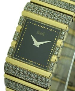 Piaget Square Polo in White and Yellow Gold with Aftermarket Diamond Bracelet and Case With Black Dial
