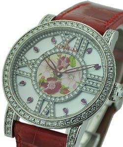 Artisan Flowers in White Gold with Diamond Bezel on Red Alligator Leather Strap with Mother of Pearl Dial - Piece Unique
