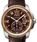 Calibre de Cartier in Steel with Rose Gold Bezel on Brown Crocodile Leather Strap with Brown Dial