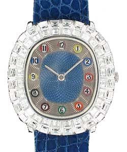 Ladies Pool Table Manual in White Gold - Diamonds On Blue Alligator Strap with Slate Grey Arabic Dial