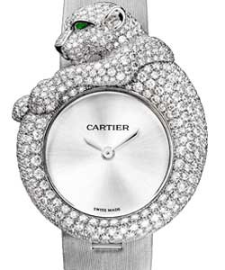 Feline de Cartier Watch - Paved Diamond Case Whtie Gold on Silver Fabric Strap with Silver Dial