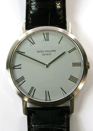 Vintage Calatrava Extra Thin 3588G - White Gold - Circa 1970 On Black Leather Strap with White Roman Dial 