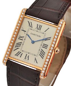 Tank Louis Cartier Extra Flat - Diamond Bezel Rose Gold on Brown Leather Strap with Silver Dial