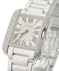 Tank Anglaise Small Model in White Gold with Diamond Bezel on White Gold Bracelet with Silver Dial
