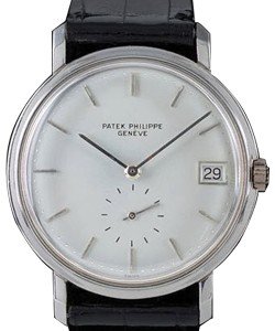 Vintage Circa 1965 Calatrava ref 3445 in White Gold On Black Leather Strap with Silver Dial