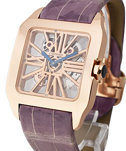 Santos Dumont Skeleton in Rose Gold on Brown Crocodile Leather Strap with Skeleton Dial