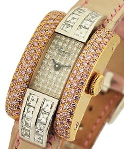La Strada with Pink Sapphires and Square Diamonds White Gold on Strap with Pave Diamond Dial