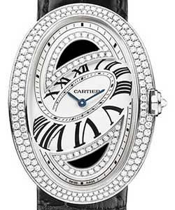 Baignoire Folle with Diamonds White Gold on Black Leather Strap with Silver Dial
