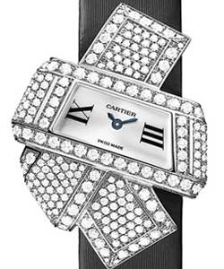 Noeud with Diamonds White Gold on Black Fabric Strap with Silver Dial