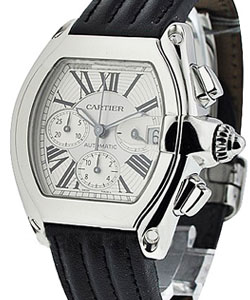 Cartier Roadster Chronograph in Steel on Black Leather Strap with Silver Roman Dial