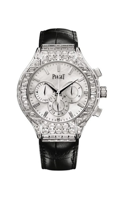 Polo Chronograph in White Gold with Baguette Diamond Bezel on Black Leather Strap with Mother of Pearl Dial