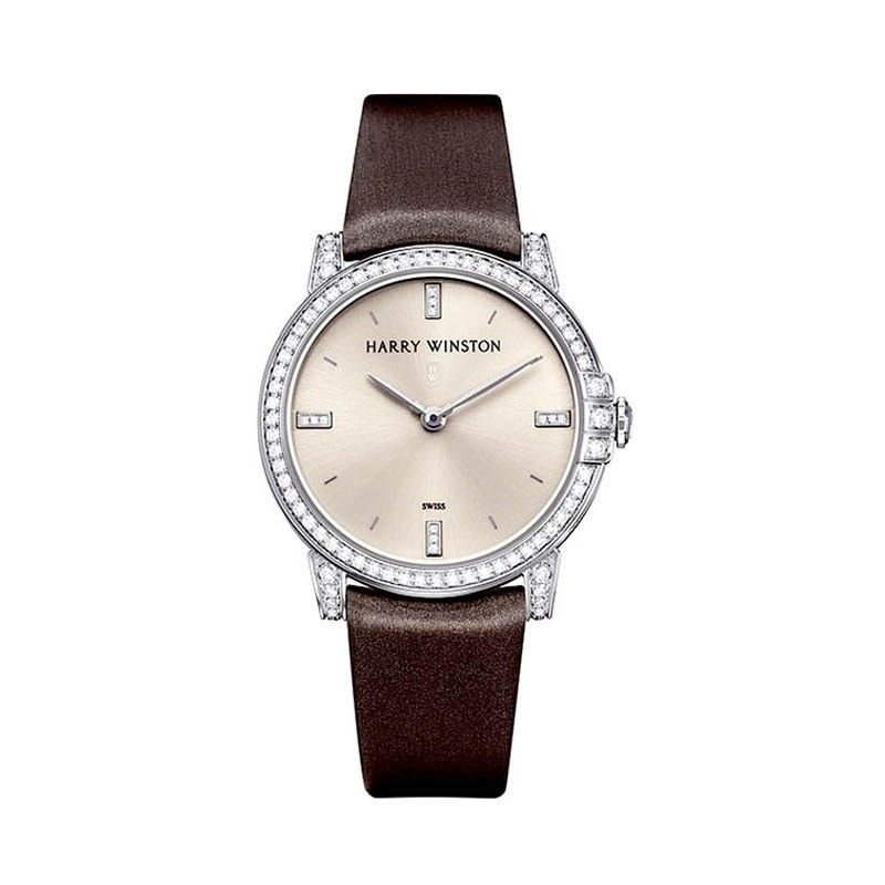 Midnight 32mm in White Gold with Diamonds Bezel & Lugs on Brown Fabric Strap with Silver Diamonds Dial