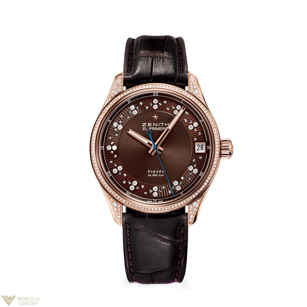 El Primero Espada in Rose Gold with Diamond Bezel On Brown Crocodile Leather Strap with Brown Diamond Dial