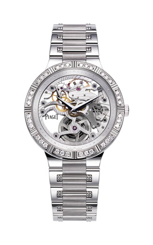 Dancer Lady in White Gold with Diamond Bezel  on White Gold Diamond Bracelet with Skeleton Dial