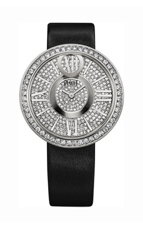Limelight Dancing Light in White Gold with Diamond Bezel on Black Satin Strap with Pave Diamond Dial