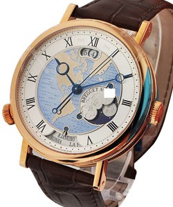 Classique Hora Mundi - US 43mm Automatic in Rose Gold on Brown Crocodile Leather Strap with Gold US Map Dial
