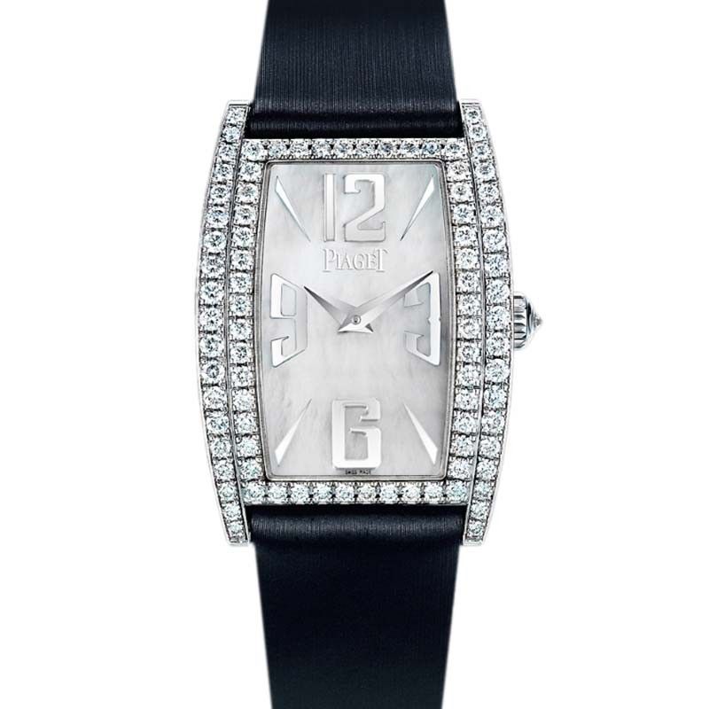 Limelight Tonneau in White Gold with Diamond Bezel on Black Satin Strap with White MOP Dial