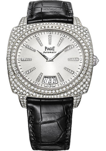 Limelight Cushion in White Gold wiith Diamond Bezel on Black Leather Strap with Silver Dial