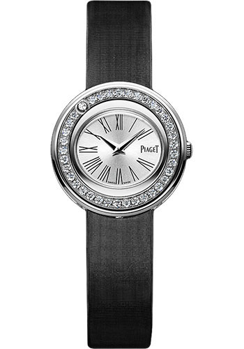 Possession in White Gold with Diamond Bezel on Black Satin Strap with Silver Dial
