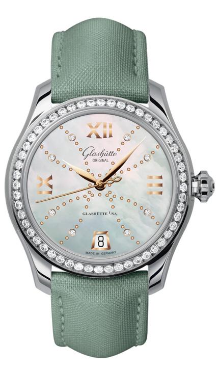 Lady Serenade 36mm Automatic in Steel with Diamond Bezel on Green Satin Strap with Mother of Pearl Diamonds Markers Dial