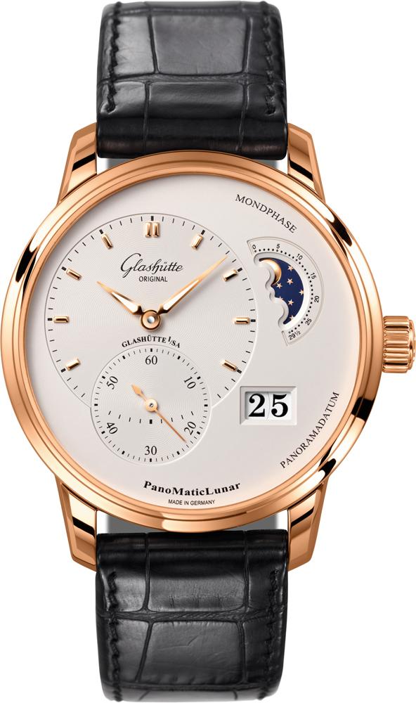 PanoMaticLunar 42mm Automatic in Rose Gold on Black Alligator Leather Strap with Silver Dial