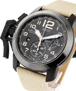 Chronofighter Oversize 47mm in Steel with Black Ceramic Bezel on Beige Techno-Fabric Strap with Black Dial and Beige Arabic Numeral