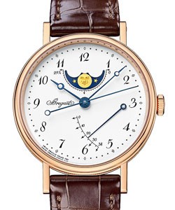 Classique Phase de Lune in Rose Gold  on Brown Alligator Leather Strap with White Enamel Dial