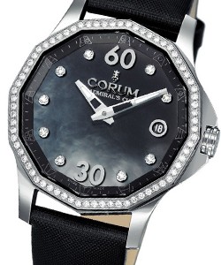 Admiral's Cup Legend in Steel with Diamond Bezel on Black Satin Leather Strap with Black Mother of Pearl Diamond Dial 