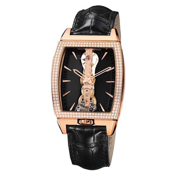 Golden Bridge Automatic in Rose Gold with Diamond Bezel on Black Crocodile Leather Strap with Black Brass Dial