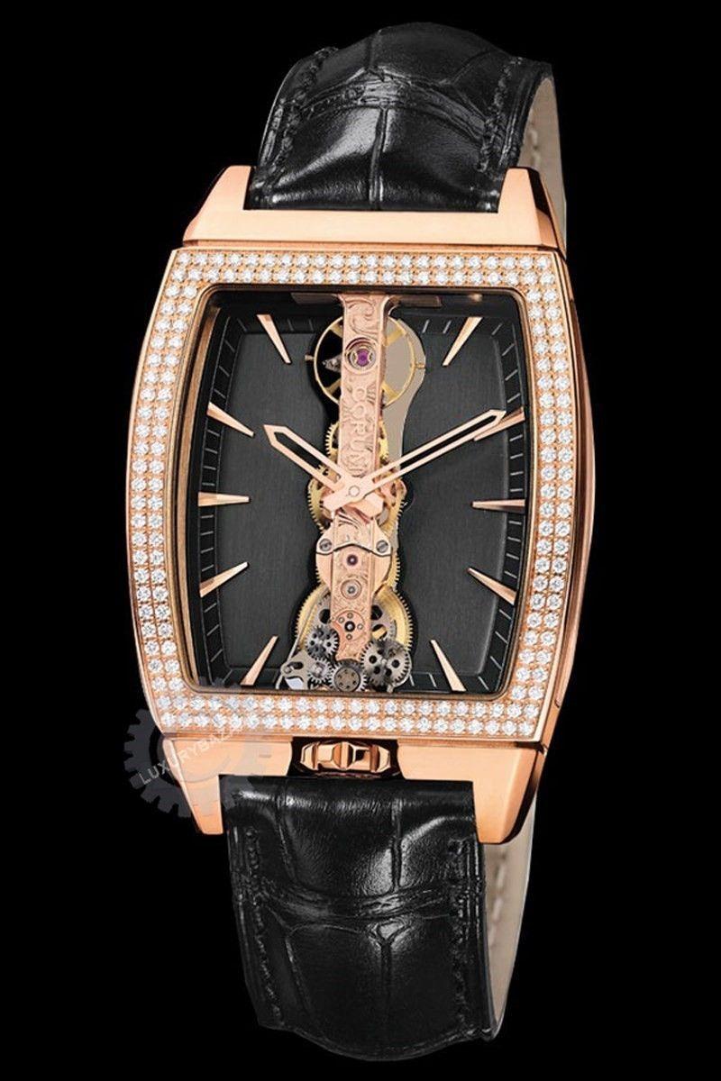 Golden Bridge in Rose Gold with Diamond Bezel on Black Crocodile Leather Strap with Skeleton Dial