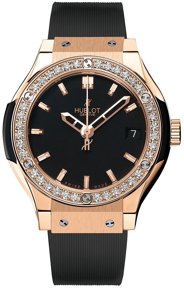 Classic Fusion 33mm in Rose Gold with Diamond Bezel on Black Rubber Strap with Black Dial